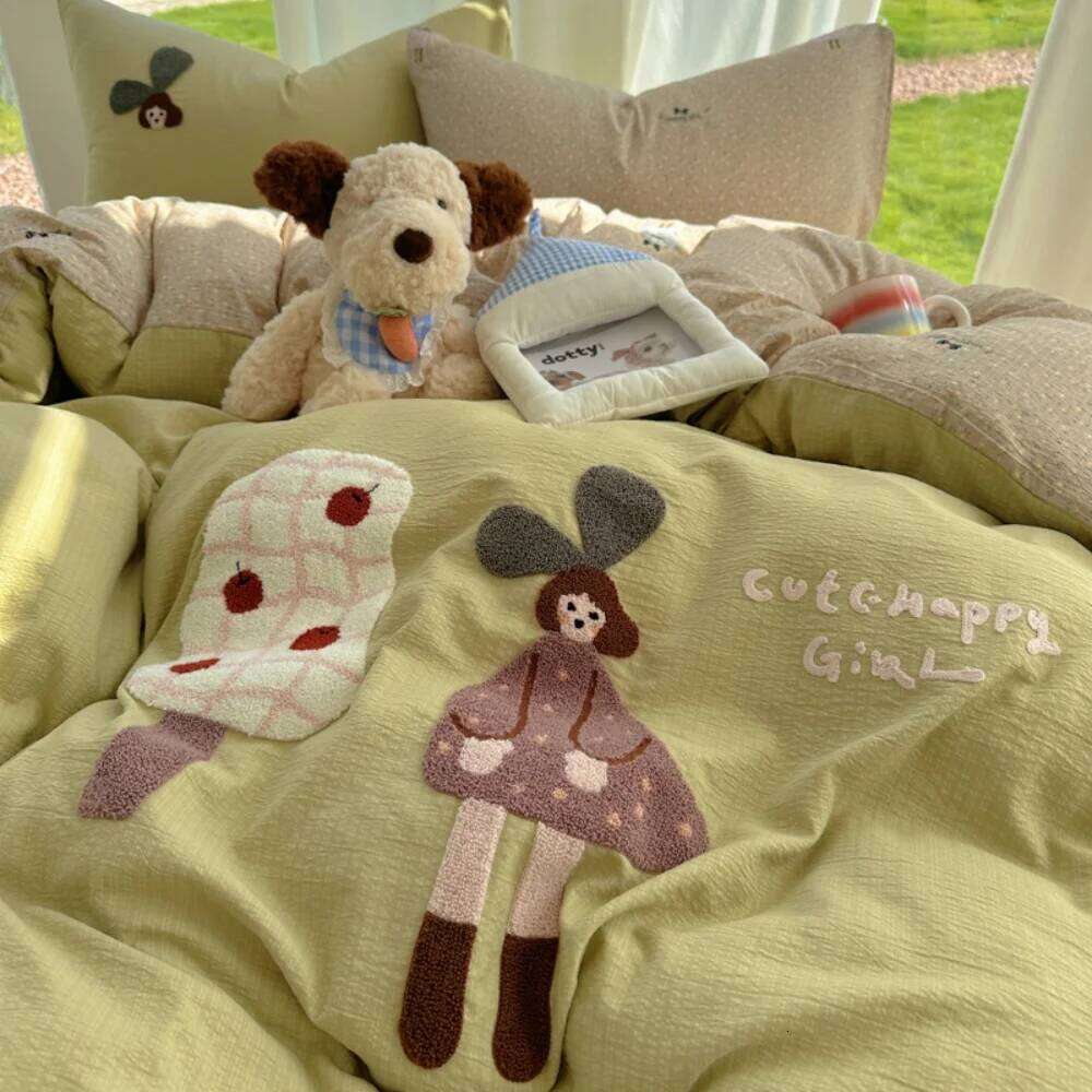 Cartoon Embroidery Printed Four-Piece Comfortable Bedroom Decor Bedding Set Duvet Cover Bed Sheet Pillowcase Home Textiles H260312