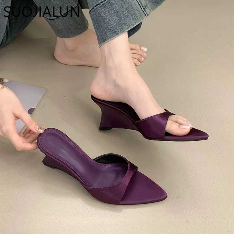 SUOJIALUN 2025 Summer New Women Slipper Fashion High Wedge Heel Slip On Open Toe Slides Ladies Elegant Outdoor Dress Sanda K260312