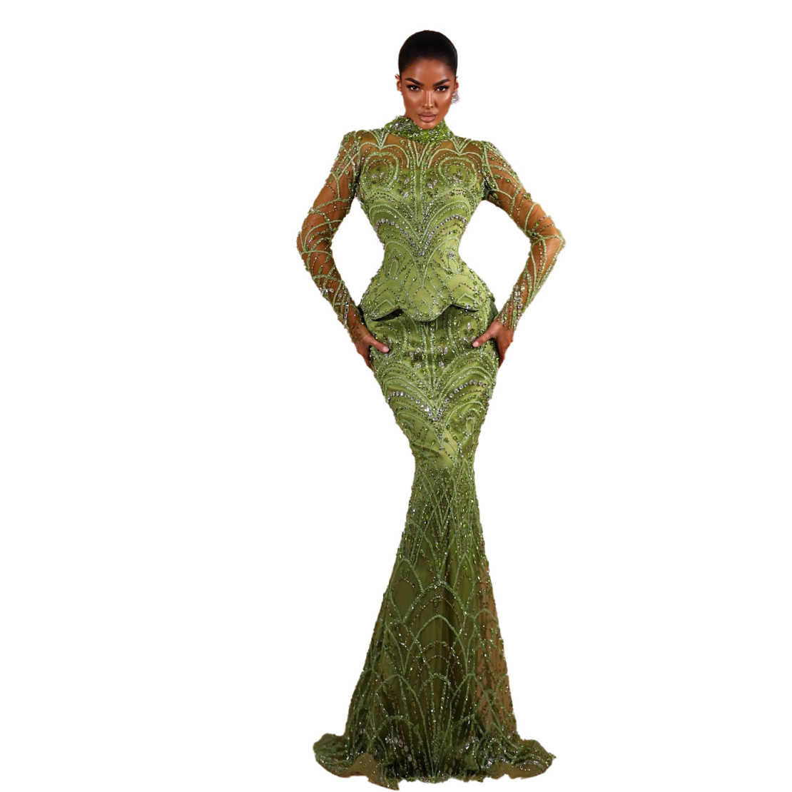 Elegant Green Mermaid Party Prom Dress Long Sleeve Crystal Sequins Party Dress Beaded Second Reception Engagement Gowns Customized