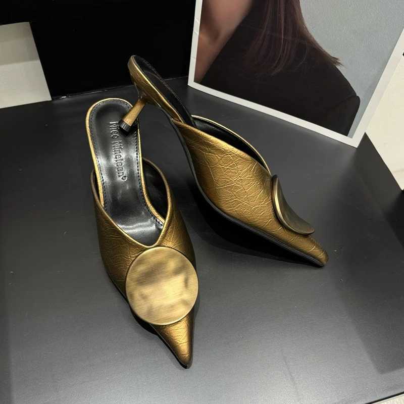SUOJIALUN 2026 Spring New Women Slipper FAshion Pointed Toe Shallow Slip on Mules Shoes Metal Outdoor Dress Slides K260312