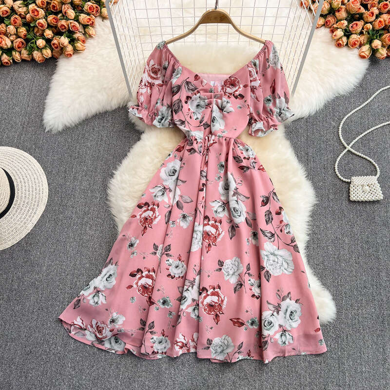 Summer new gentle and elegant mid waist V-neck floral chiffon dress, a21 super fairy like first love orange tone