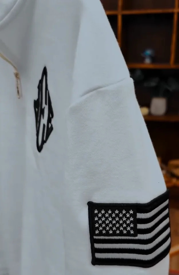 Y2K America Retro Embroidery Pullover White Quarterzip Stand Collar Polo Shirt Sweatshirt Casual Men Clotheing 260228