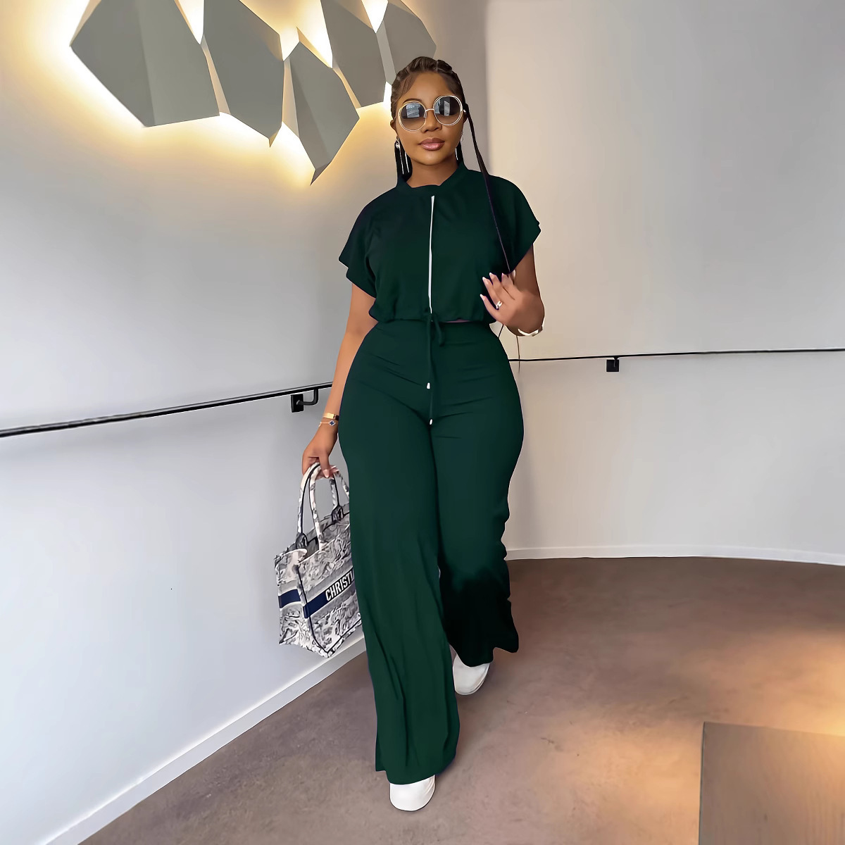Womens Summer Drawstring Short Top and High-Waisted Slit Pants Two-Piece Set