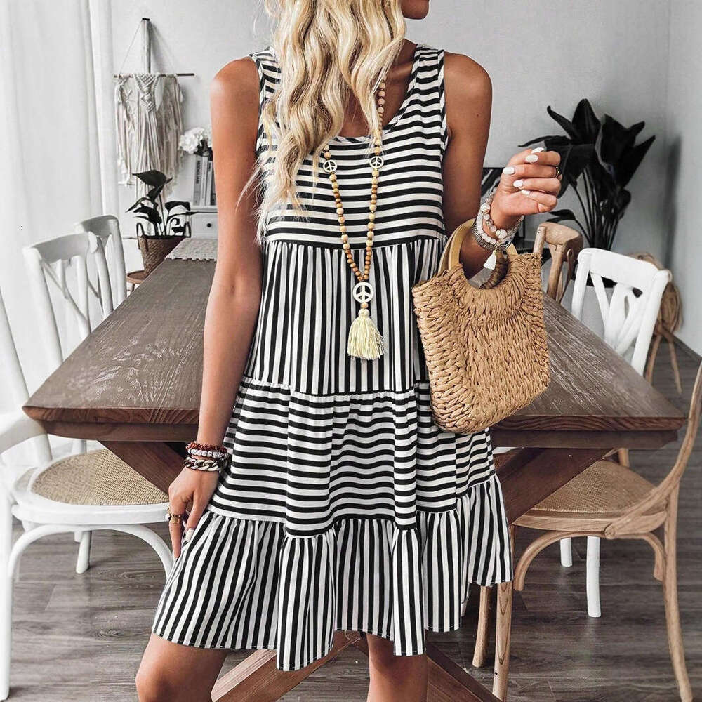 2025 Summer New Pullover Round Neck Loose Sleeveless Women, European and American Fashion Trend Striped Short Dress for Women