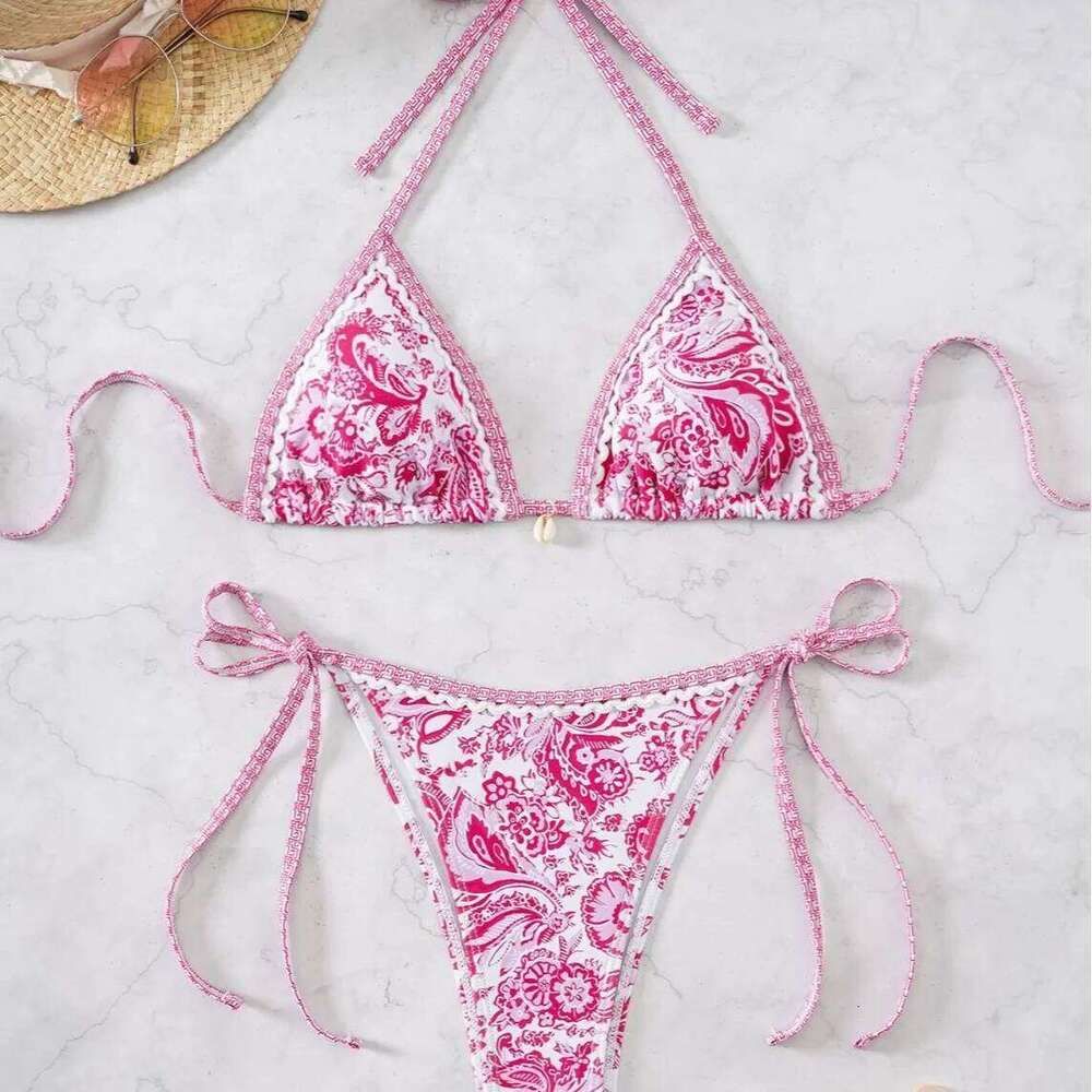 Fashion Print Swimwear for Women Sexy Backless Swimsuit Set Split Bathing Suit LowWaist Binding Strap Beach Bikini Y260303