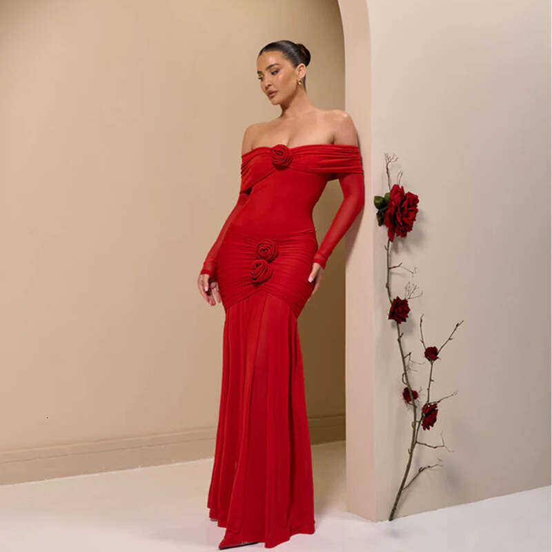 European and American foreign trade women's clothing 2025 autumn new fashion elegant solid color pleated slim-fit long-sleeve off-shoulder dress