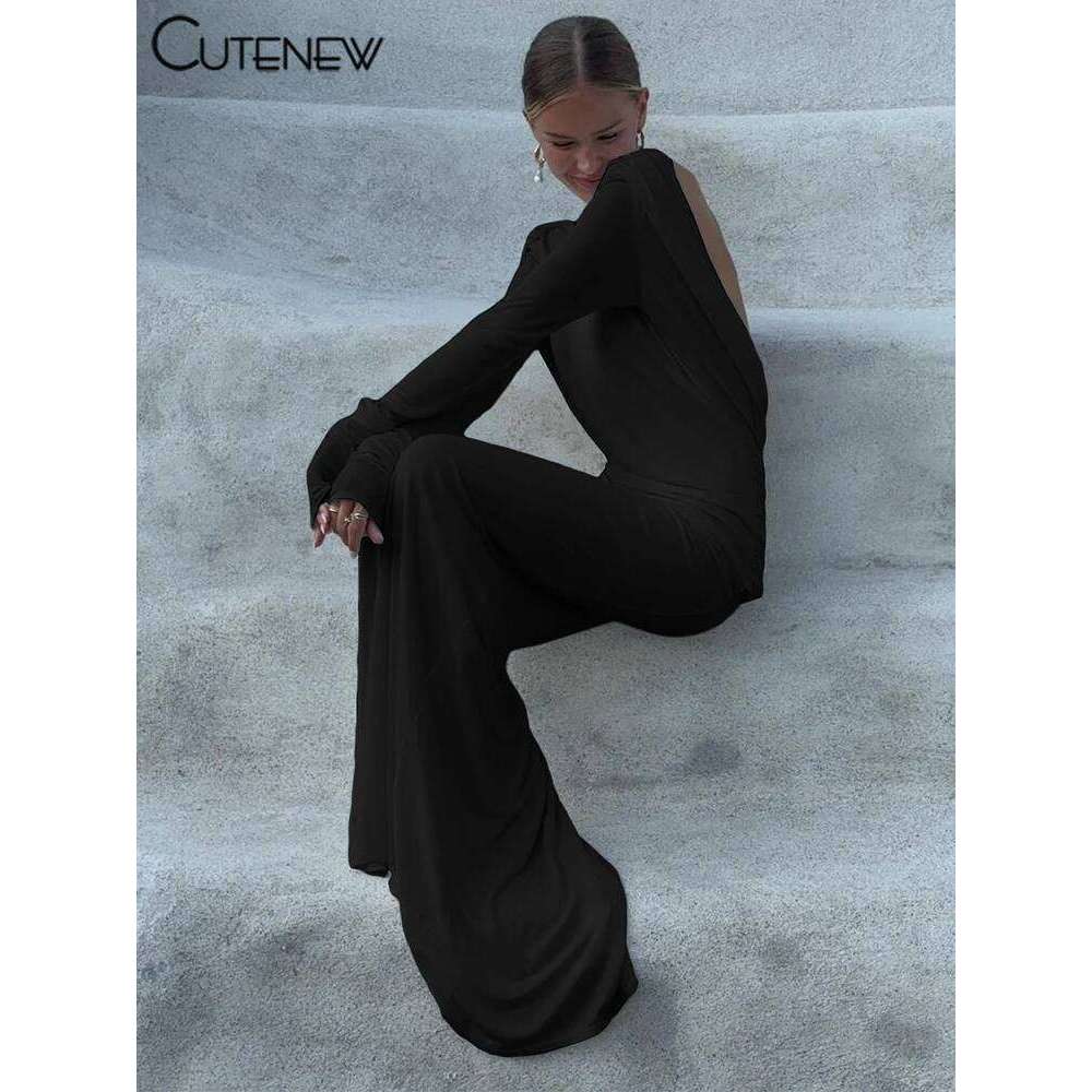 Cutenew High Street Women Maxi Dresses Classic Solid Backless Full Sleeve Sheath Concise Robe Female Elegant Banquet Vestidos C260311