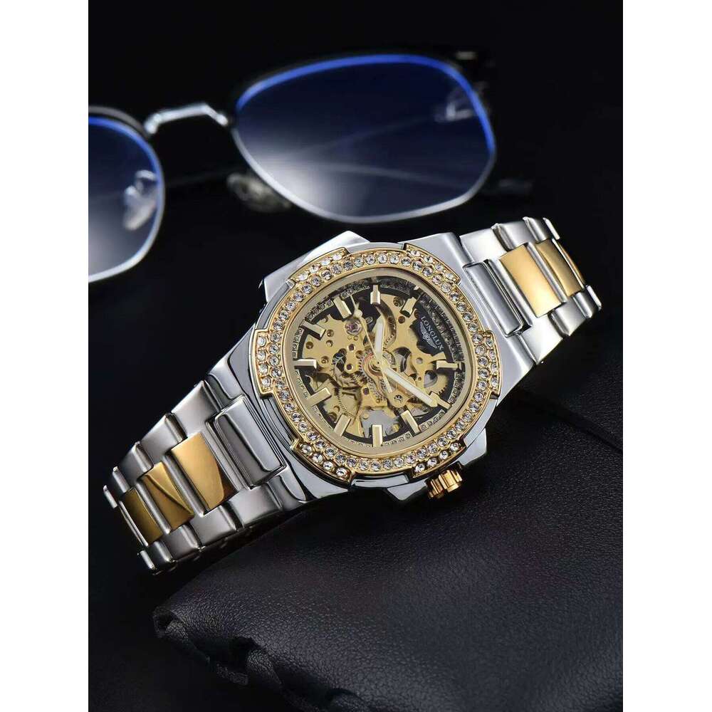 LONGLUX automatic luxury stainless steel wholesale mechanical wristwatches skeleton waterproof diamond man watch