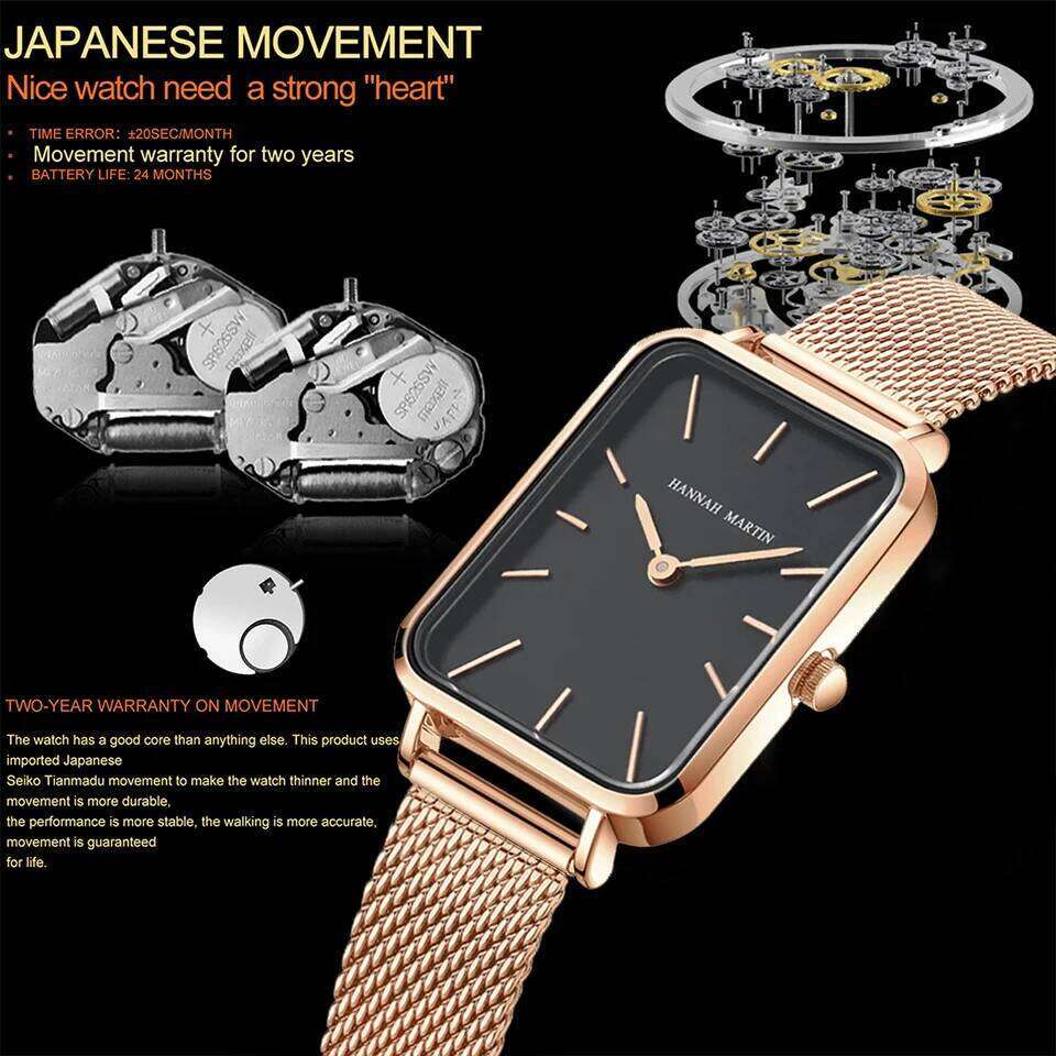 Square Women Stainless Steel Mesh Strap Watch Japanese Movement Rose Gold Simple Leisure Fashion Hannah Martin Watches