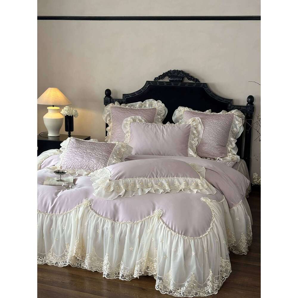 4Pcs French Princess Style 100% Romantic Long Stella Cotton Lace Duvet High-end Feeling Padded Thickened Bed Cover H260312