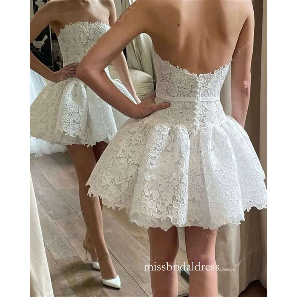 2025 NEW Short Lace Wedding Dress Strapless A Line Backless Birthday Bride Party Night Gowns Vestidos Novia Robes De Mariage D0312