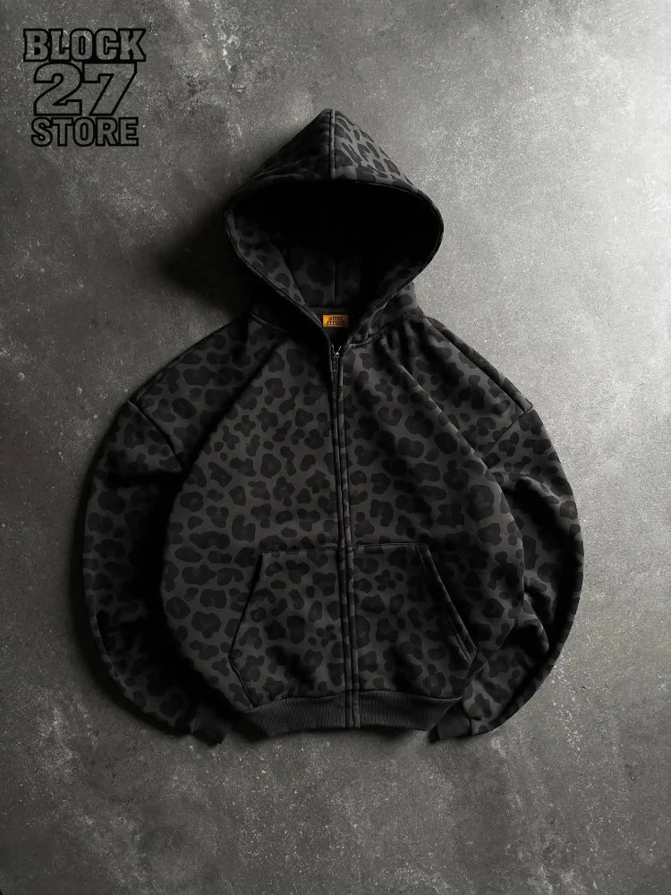Y2K Zipper Hooded Sweatshirt for Autumn and Winter Retro Leopard Print Hooded Sweatshirt for Men and Women Loose Clothes 260311