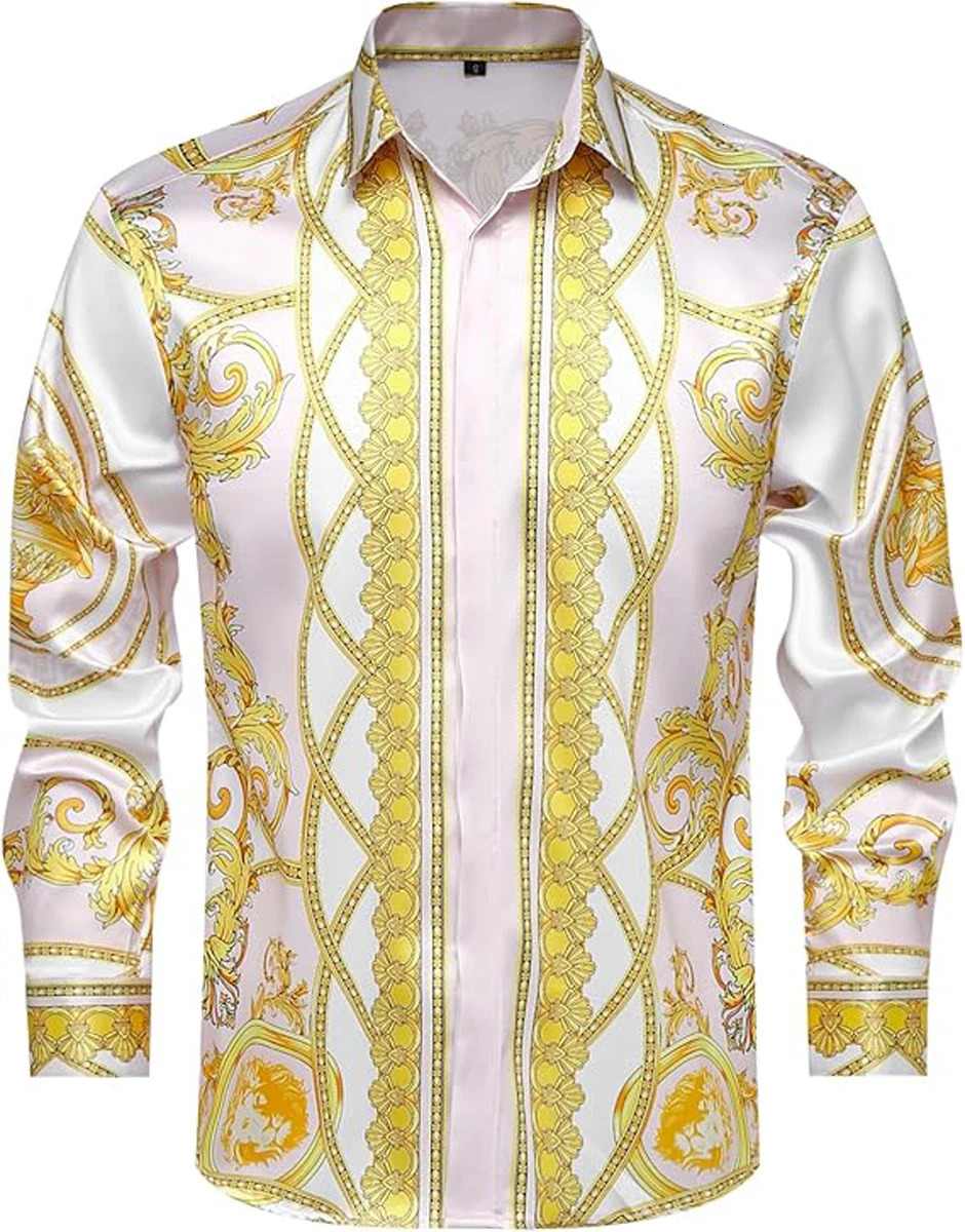 Mens Retro Gold Chain 3D Printed Shirt Hawaiian Casual Vacation Longsleeved Lapel Performance Clothing for Men 260228