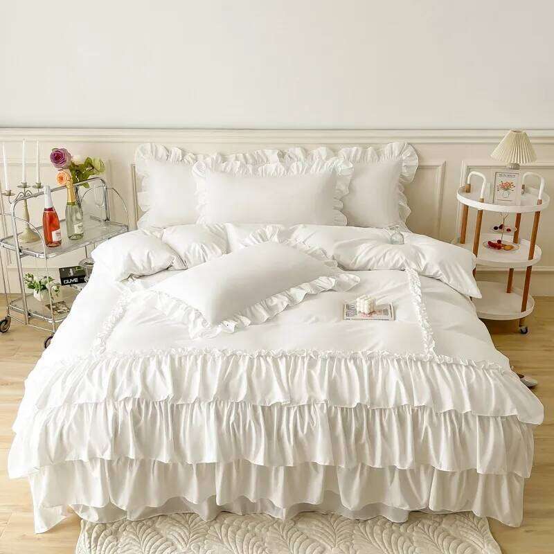 Ruffle Queen Twin 100%Washed Microfiber 3pcs Bedding Set, Shabby Chic Farmhouse Duvet Cover Pillow shams H260312