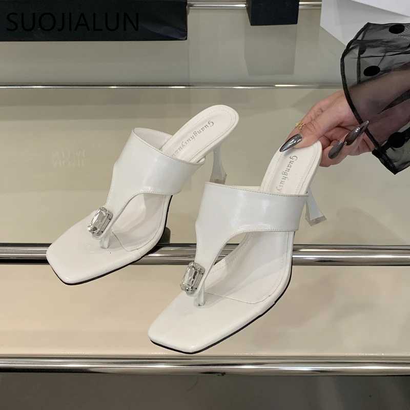SUOJIALUN 2025 New Women Slipper Fashion Crystal Slip On Flip Flop Shoes Thin High Heel Elegant Outdoor Dress Sandal Pumps K260312