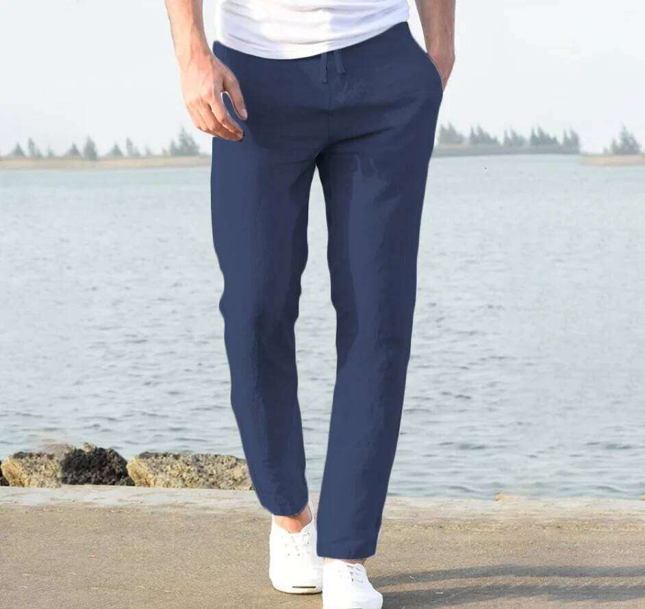 Men's Trousers Cotton Linen Fashion Casual Solid Color Breathable Loose Shorts Straight Drawstring Pants Streetwear Men