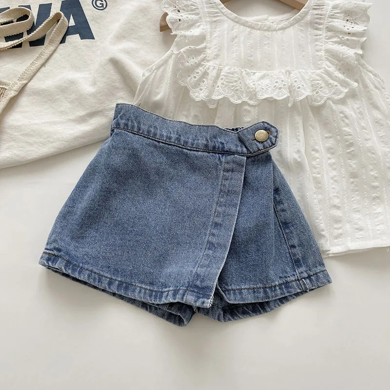 Korean Fashion Summer Kids Girl Skirt Shorts Solid Elastic Waist Button Soft Denim Culotte Children Versatile Clothing 260311