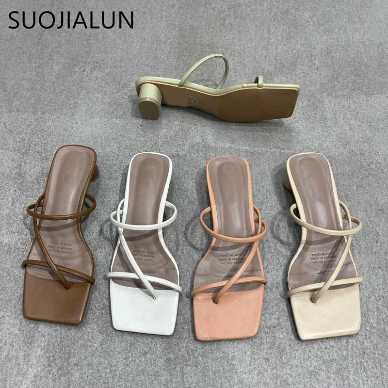 SUOJIALUN Summer Square Low Heel Women Slipper Fashion Narrow Band Ladies Sandal Outdoor Beach Casual Slides Shoes Big Size 40 K260312