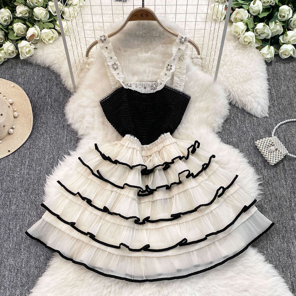 French Elegant Style Women's Tank Top Skirt Summer New Fashionable Exquisite Mesh Splicing a20 and Layered Design 2026