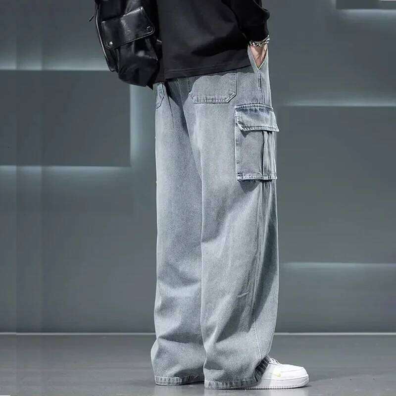 8XL Jeans New Wide Leg Washing Pants Men Trousers Neutral Solid Color Loose Casual Korean Fashion Pocket Plus Size Cargo Pant 26Y0312