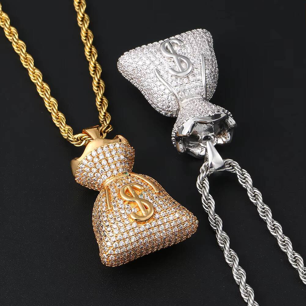 Factory Wholesale 18K Gold S925 Diamond Iced Out Dollar Sign Pendant Necklace Fashion MoissaniteVVS Money Purse Pendant