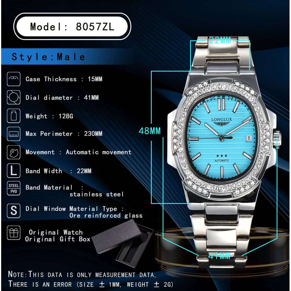 LONGLUX automatic diamond luxury stainless steel wholesale mechanical watches day date waterproof man watch