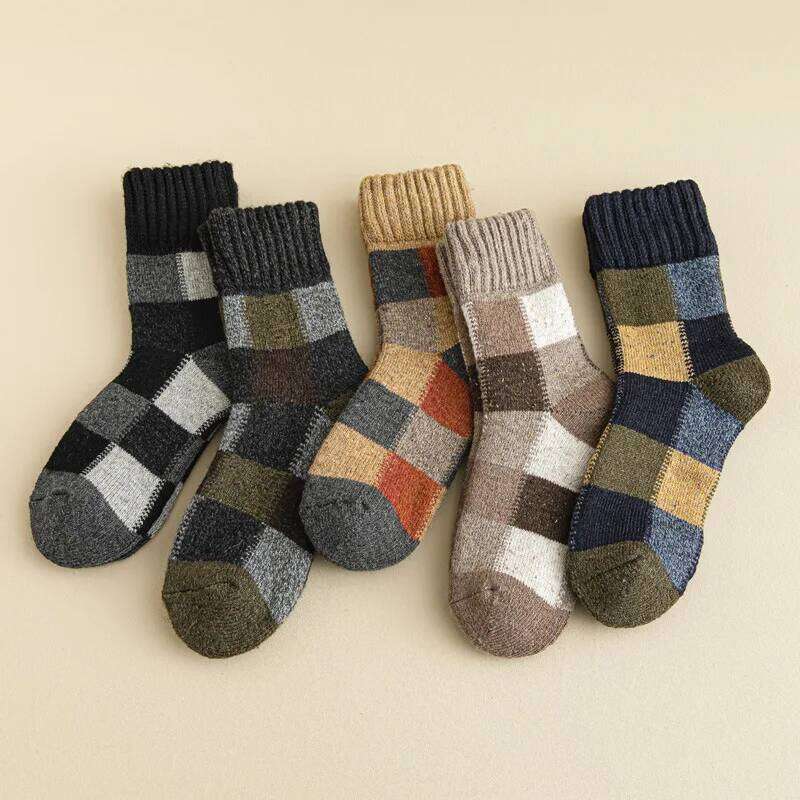 5pairs Winter Men's Thermal Thick Wool Socks Warm Colorblock Soft Comfortable Plush Snow Floor Sock High Quality Z260312