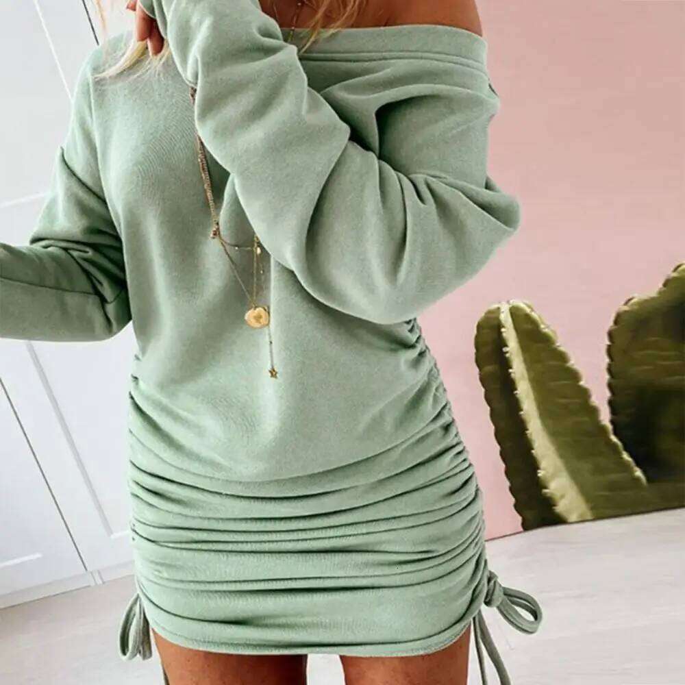 Women Sweater Long Sleeve One Shoulder Drawstring Bodycon Ladies' Autumn Winter Pleated Sexy Hip Hugging Dress C260312