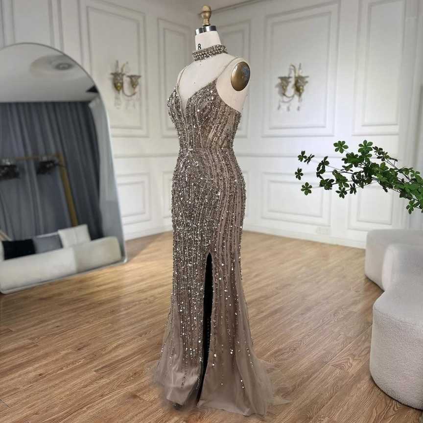 Silver Nude Mermaid Spaghetti with split Strap Beaded Evening Dresses Prom Gowns For Party Customized