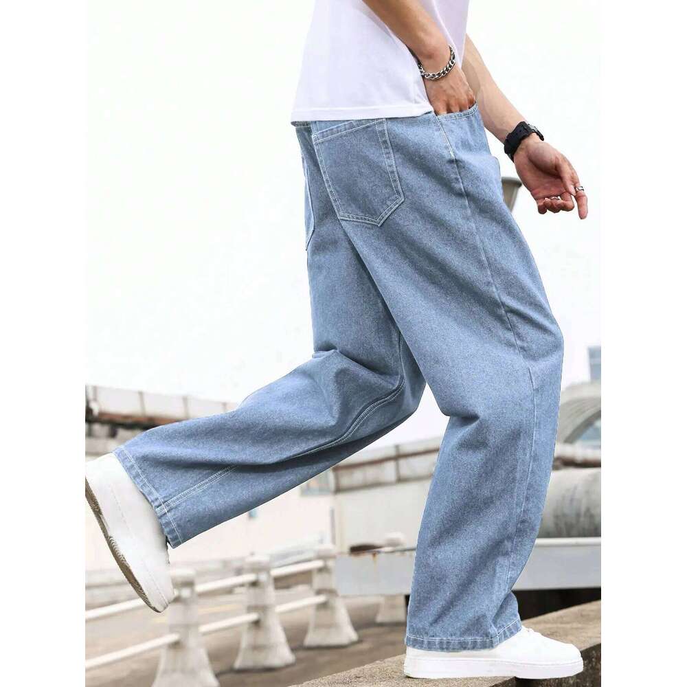 Men's Light Blue Washed Wide-Leg Jeans, Loose Straight Fit, Trendy Casual Style for All Seasons