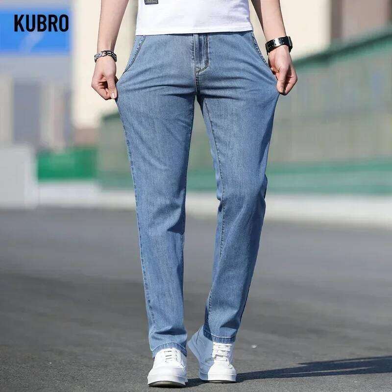 KUBRO Summer New Men's Loose Gray Jeans Fashion Casual Stretch Straight-leg Denim Pants Male Light Blue Brand 26Y0312