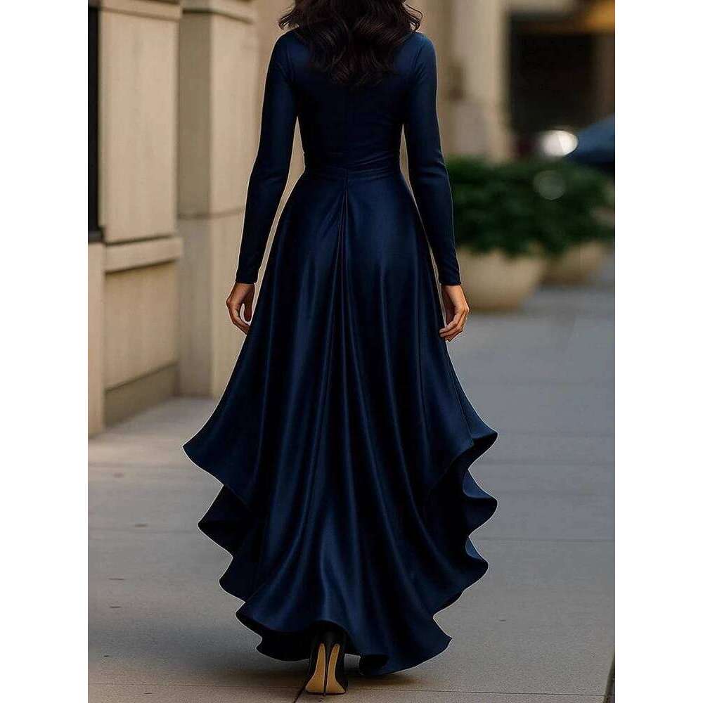 Women's Deep V-neck Ruffled Evening Gowns Solid Color Long Sleeves Lace-up High Waist Satin Party Dresses Wedding Guests Dress C260312