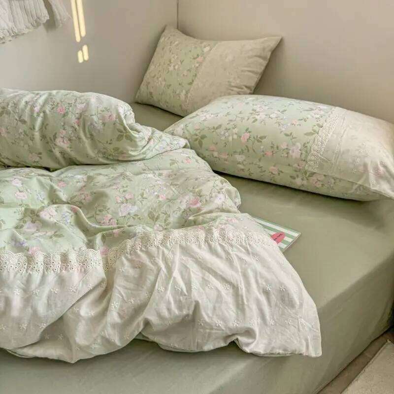 INS French Style Fresh Floral Lace Trim Four-Piece Set Washed Cloud Cotton Quilt Cover Dormitory Bed Sheet Sets H260312