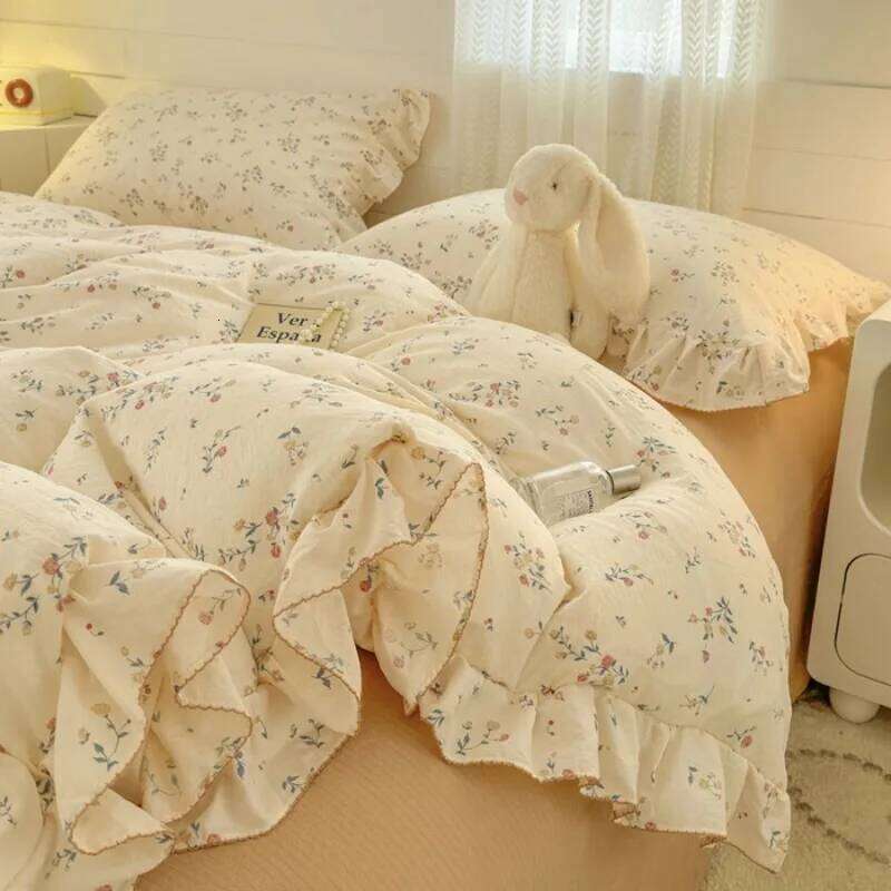 Gentle small floral four piece set aerobic knitted lace double-layer yarn duvet cover washed cotton bed sheet H260312