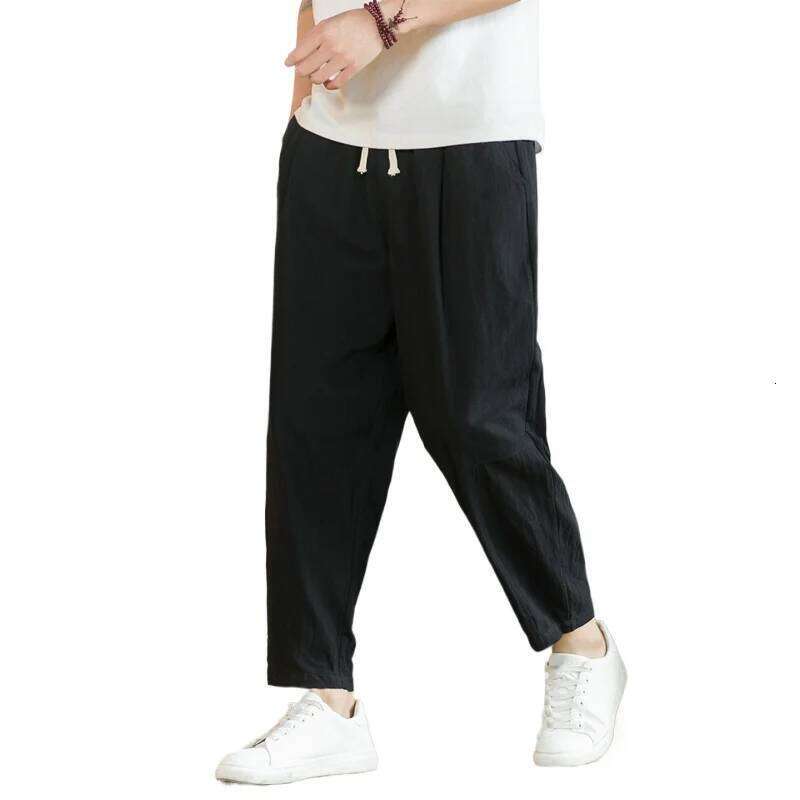 Streetwear Cotton Trousers Casual Solid Color Long Breathable Drawstring Straight Harem Men Baggy Pants