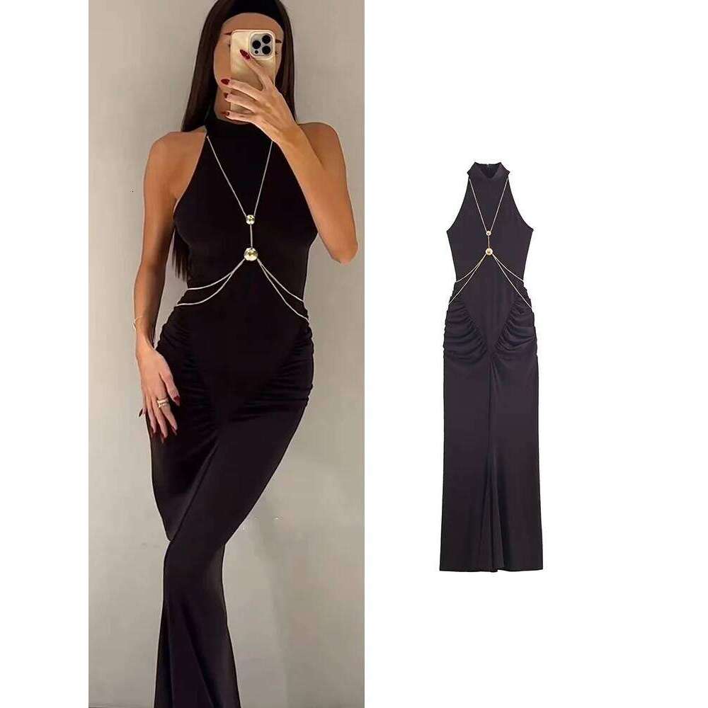 TFMLN Women's Chain Halter Long Dresses Slim Fit Sleeveless Pleated Waist-cinching Party Sexy Ladies Club Maxi Dress C260312