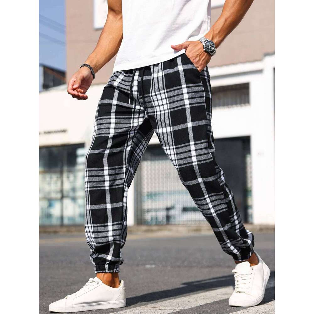 Men's Plaid Print Cuffed Casual Trousers Comfortable Sleepwear Pajamas Pants for Relaxed Style