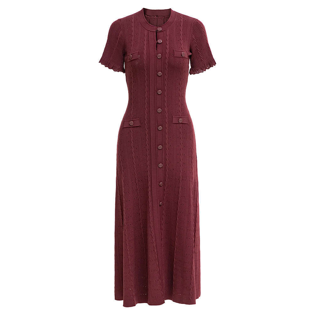 2026 Spring and Summer High Quality French Elegant Social Short Sleeve Hollow A13 Ribbed Single breasted Knitted Dress