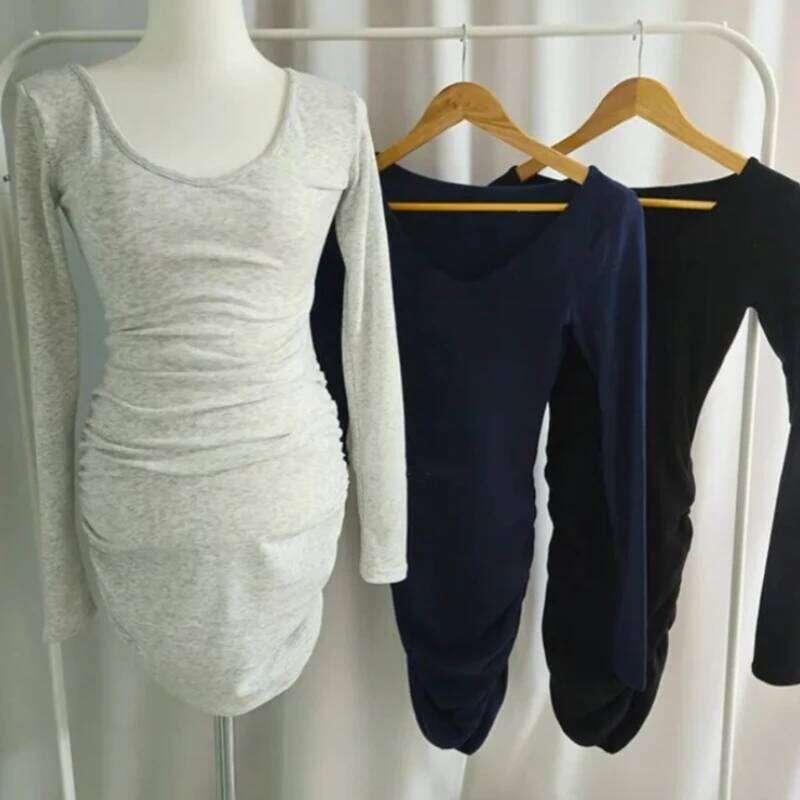 Spring Summer Women 2026 Slim Waist-cinching Pleats Body-hugging Pencil Solid Versatile Long Sleeves Base Layer Dress C260312