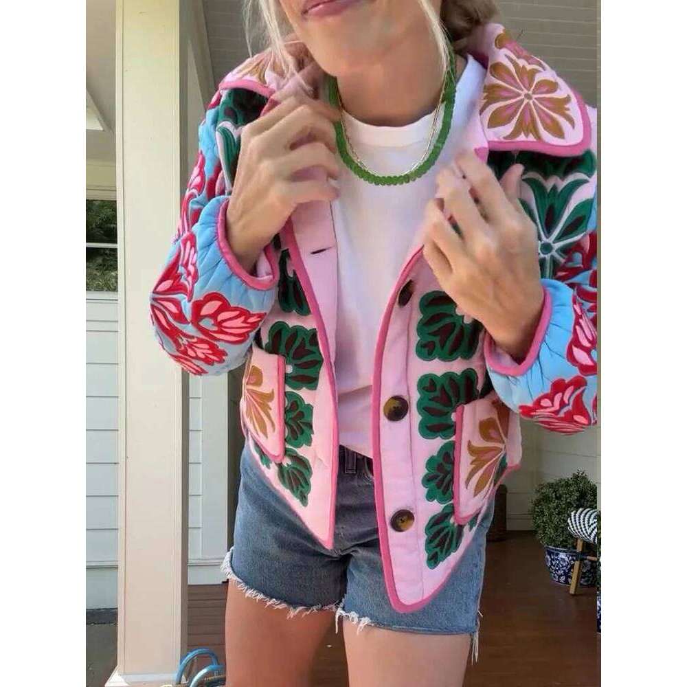2025 Winter Women's Flower Print Parkas Lapel Single-Breasted Long Sleeve Pocket Quilted Coat Female Vintege Lady New In Outwear Asia Size