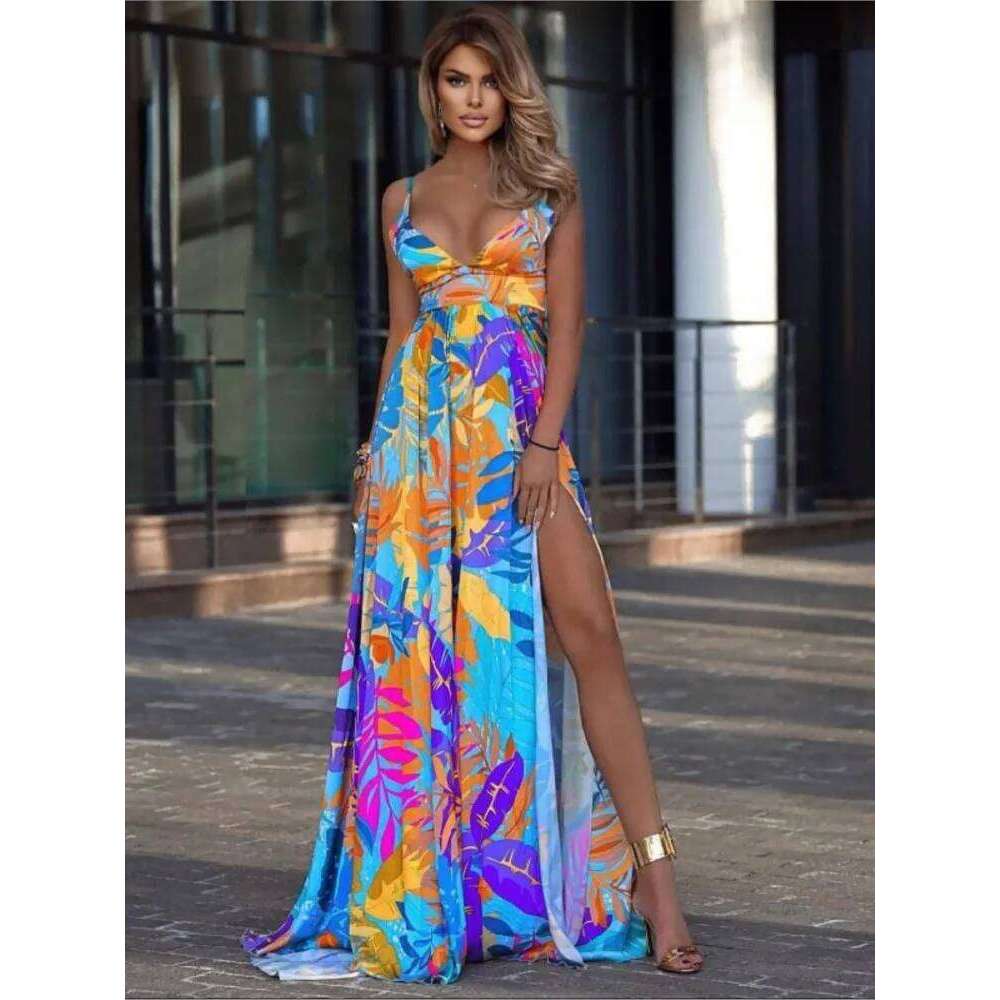 Color Print Spaghetti Strap Long Dresses Women Sexy Deep V-neck Backless Slit Dress Fashion Bohemian Beach Vacation Maxi Vestido C260312