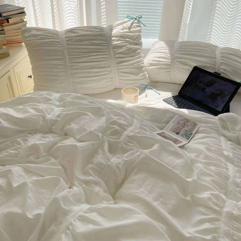 Solid Color Pleated Textured Soft Breathable Chic Princess 4pcs Bedding Set, Delicate Bows Twin Duvet cover Bed sheet Pillowcase H260312