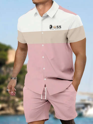 Men's summer Cuban collar short-sleeved with special symbol line print men's shirt comfortable, breathable and versatile