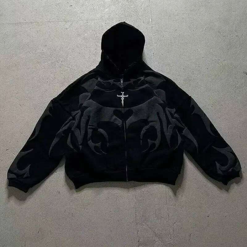 Tiger Gray Men High Street American Retro Hip Hop Y2k Zipper Hooded Sweater Couple Casual Sweatshirt Unisex Tops Newcoat
