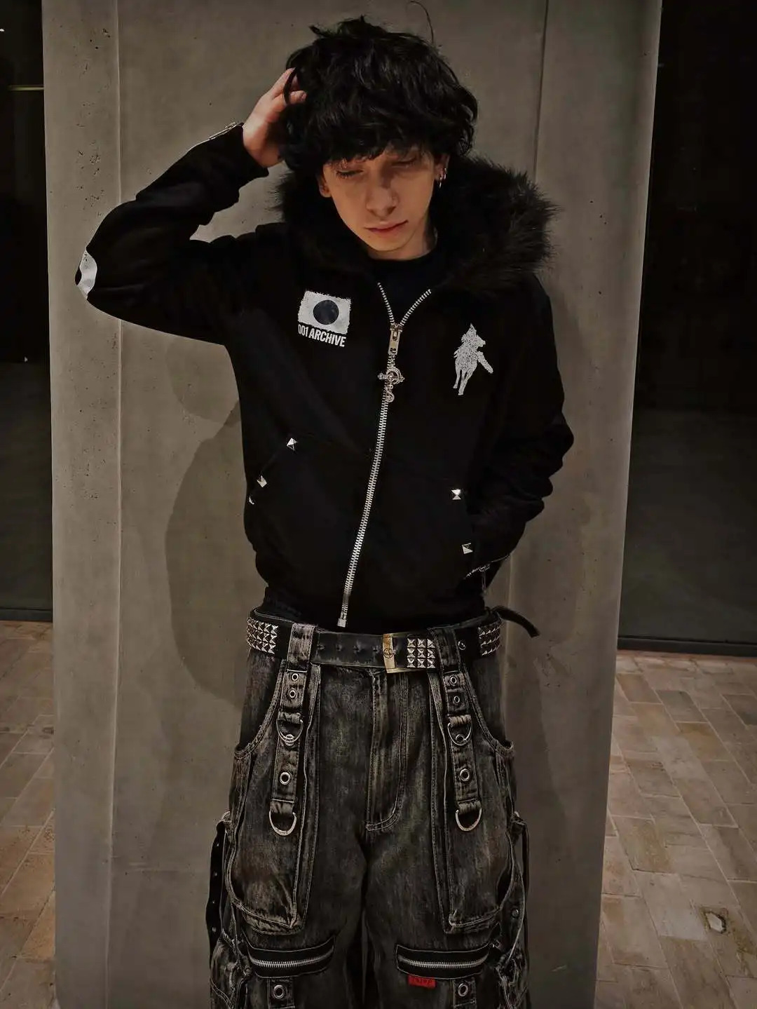 Y2K Japanese Harajuku streetwear European youth rivet fashion wool pullover mens urban casual hooded hip-hop printed sweatshirt 260311