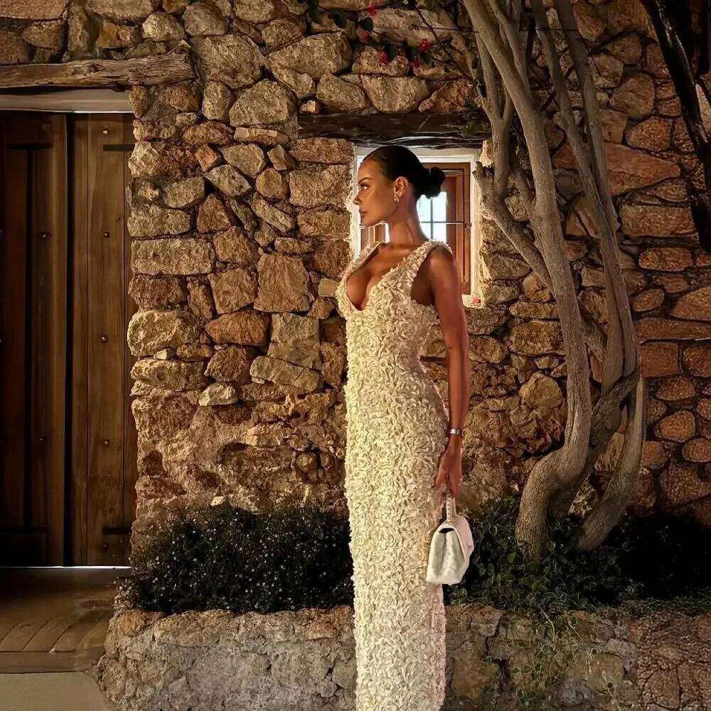 Mingmingxi Elegant Flower Applique Party Dresses 2024 New Arrivals V Neck Bodycon Mesh Sexy Long Maxi Dress Women C260311