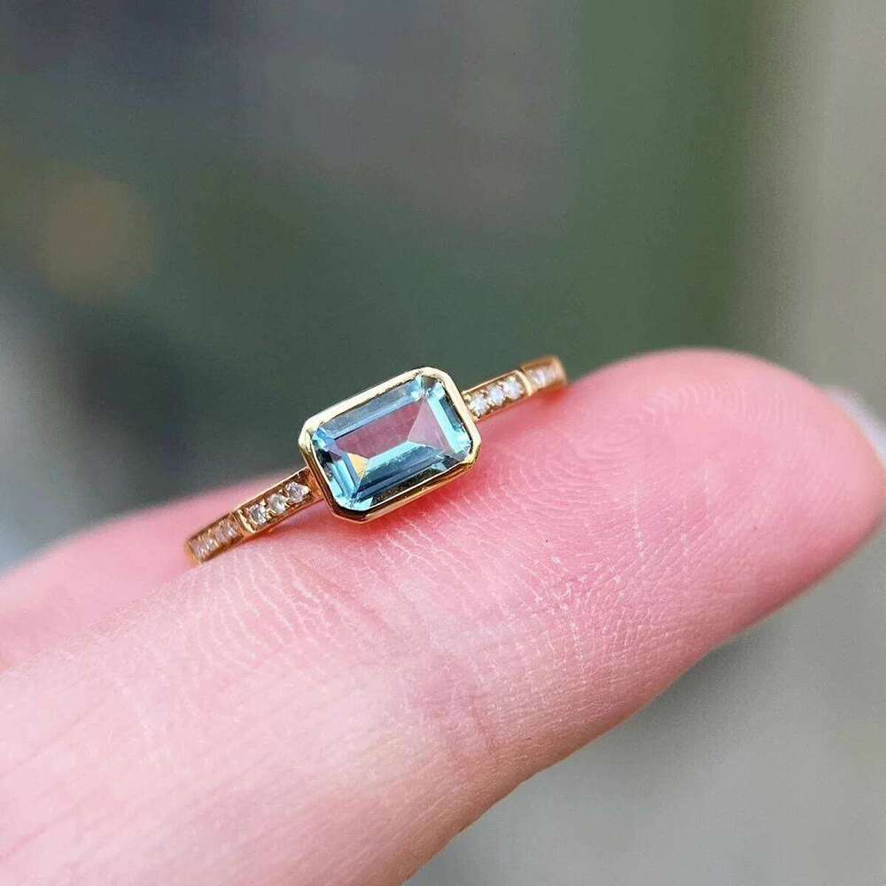 Refined S925 Sterling Silver Gold plated rectangle Aquamarine zircon Women's jewelry Casualeasiest Design Daily Ring H260312