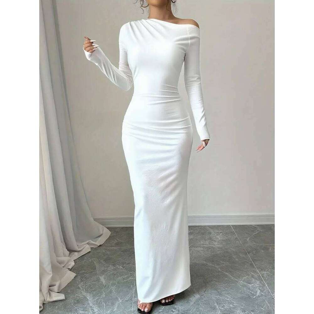 Europe and America 2025 autumn new personality solid color trend temperament high waist long sleeve slim fit hip-hugging dress C260311