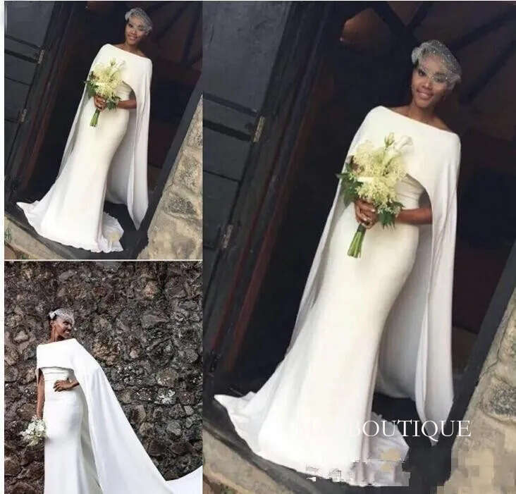 2024 Cheap Arabic Satin A Line Bateau Neck Black Girl With Cape Plus Size Bridal Dresses Sweep Train Mermaid Wedding Gowns 403 B0312