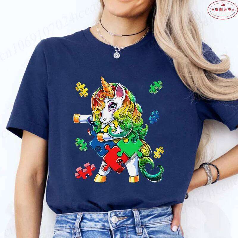 Autism T-Shirt for Women Clothing Summer O Neck Short Sleeve Tees Shirt Awareness Month Unicorn Graphic Y2k Tops Z260312